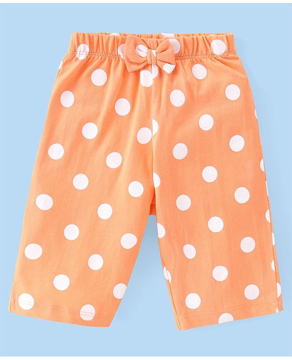 Babyhug Single Jersey Knit  Half  Sleeves Capri Nightsuit  Text & Polka Dot Print - White & Orange