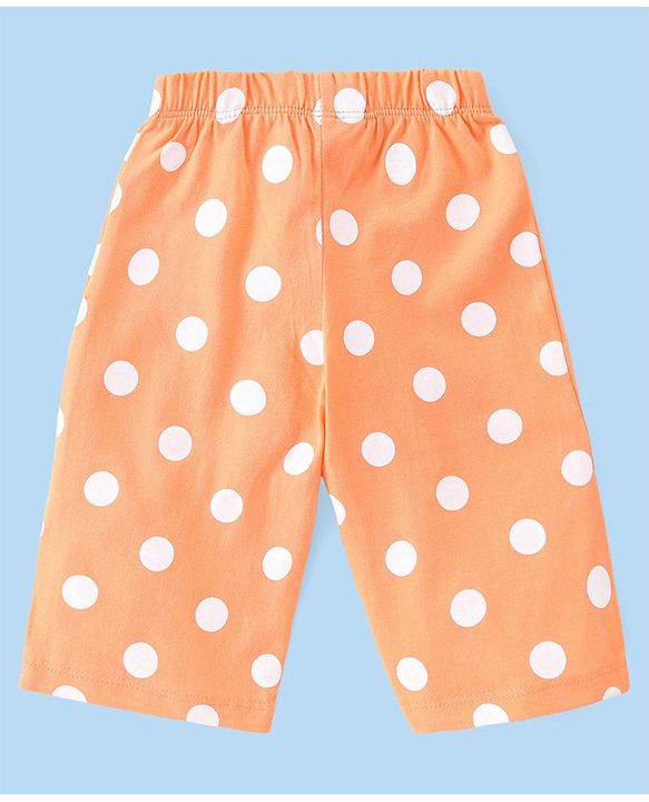 Babyhug Single Jersey Knit  Half  Sleeves Capri Nightsuit  Text & Polka Dot Print - White & Orange