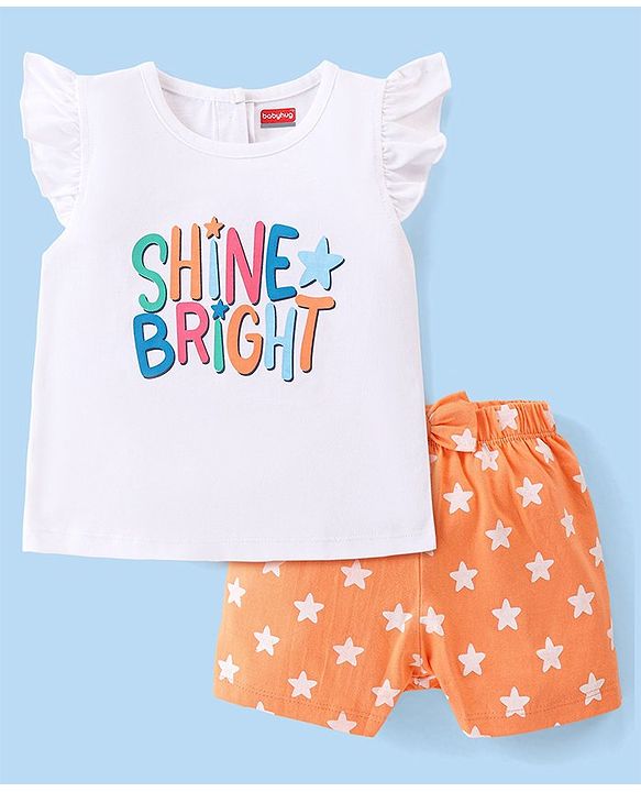 Babyhug Single Jersey Knit Half Sleeves Nightsuit with Text & Star Print - White & Orange