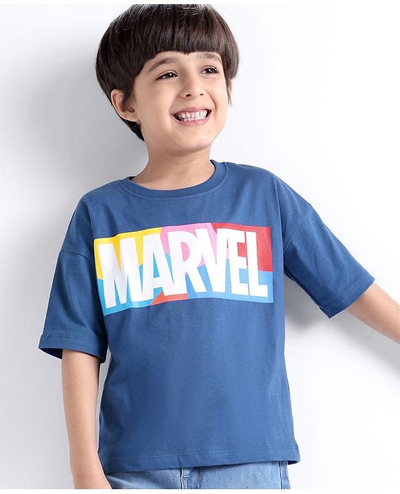 Babyhug Marvel 100% Cotton Knit  Oversized Half Sleeves T-Shirt With Marvel Text - Navy Blue