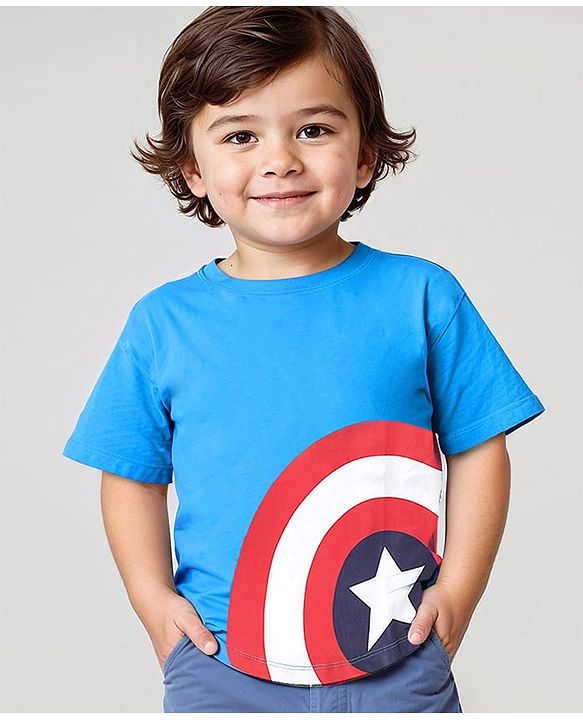 Babyhug Marvel Cotton Knit Half Sleeves Oversized T-Shirt Captain America Graphics Print - Blue