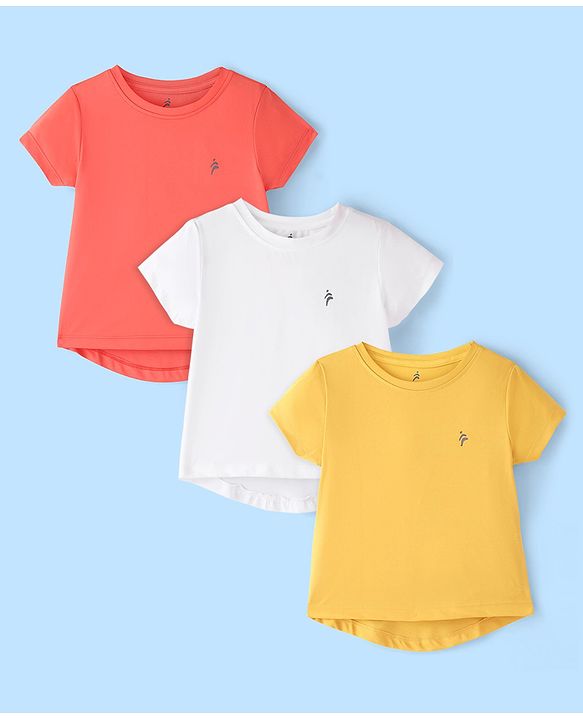 Pine Active Knit Half Sleeves Skin Friendly & Breathable Solid T-Shirts Pack of 3 - White Red & Yellow