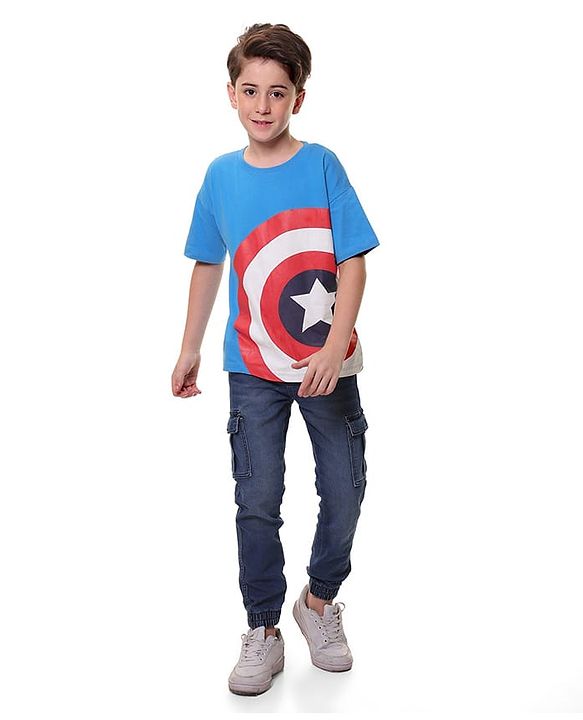 Pine Kids Marvel Cotton Knit Half Sleeves  Oversized T-Shirt Captain America Graphics - Blue