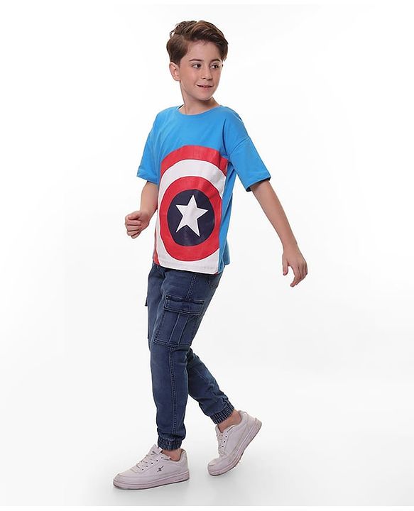 Pine Kids Marvel Cotton Knit Half Sleeves  Oversized T-Shirt Captain America Graphics - Blue
