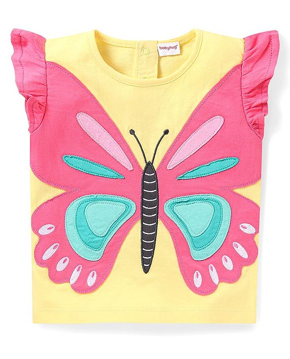 Babyhug Single Jersey Knit Frill Sleeves Top & Denim Shorts Set with Butterfly Patch - Yellow