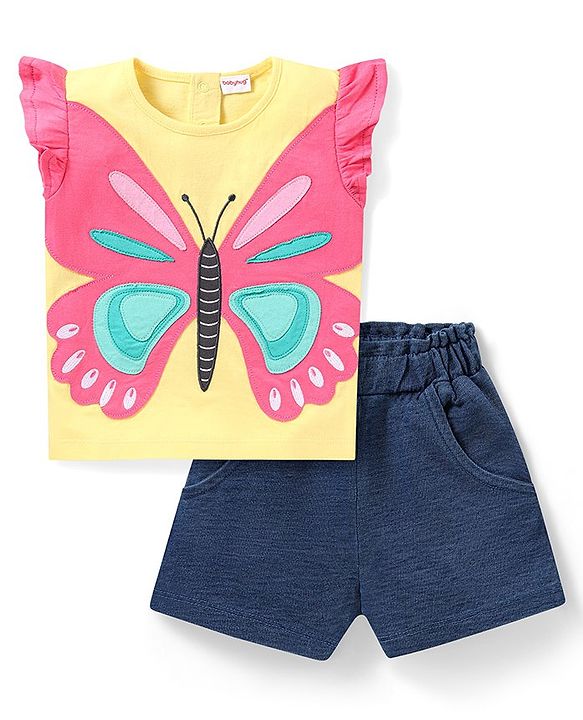 Babyhug Single Jersey Knit Frill Sleeves Top & Denim Shorts Set with Butterfly Patch - Yellow