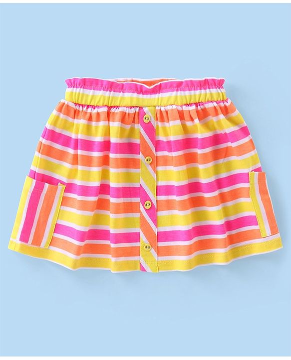 Babyhug Cotton Knit Frill Sleeves Heart Applique Top & Striped Skirt Set - Multicolor