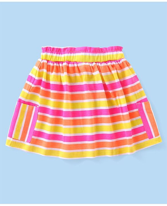 Babyhug Cotton Knit Frill Sleeves Heart Applique Top & Striped Skirt Set - Multicolor