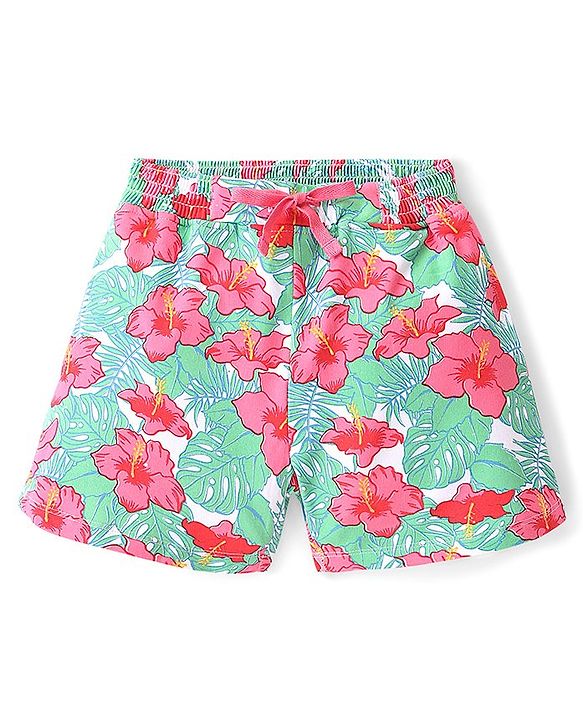 Pine Kids Cotton Knit Mid Thigh Floral Printed Shorts - Blue & Pink