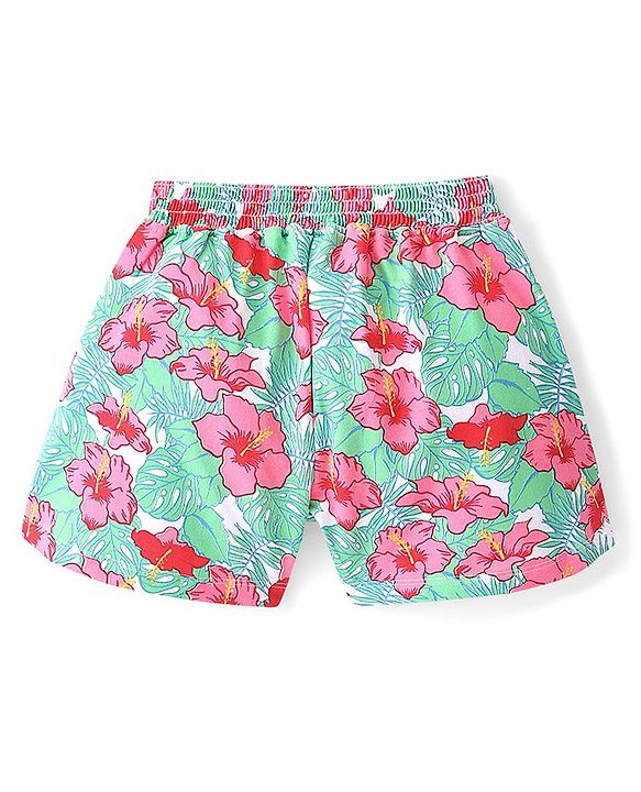 Pine Kids Cotton Knit Mid Thigh Floral Printed Shorts - Blue & Pink