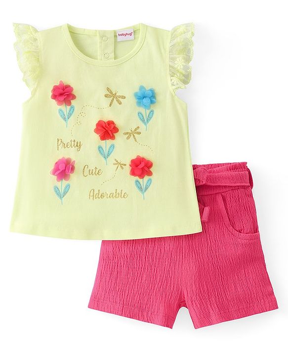 Babyhug Cotton Knit Frill Sleeves Floral Printed Top & Shorts Set - Off White & Pink