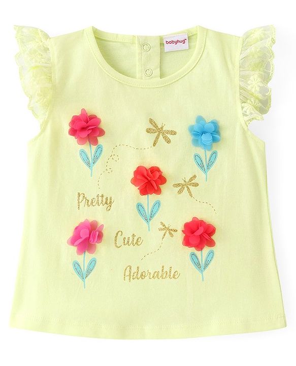 Babyhug Cotton Knit Frill Sleeves Floral Printed Top & Shorts Set - Off White & Pink