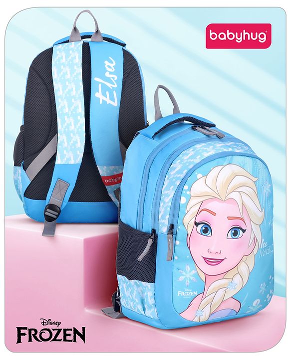 Babyhug Disney Frozen Elsa School Backpack|2 Main Compartments, 1 Front Pocket, 2 side Bottle Pockets|Water Resistant|Long lasting and Durable Zippers | Comfortable back cushioning | For School, Travel and Outdoors|Blue- 15 inches