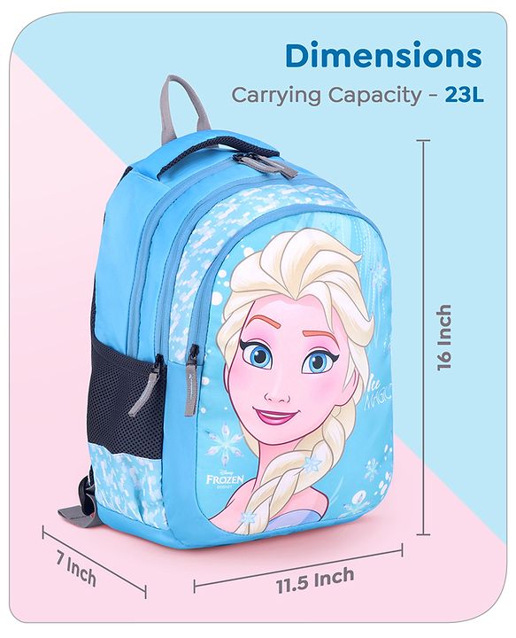 Babyhug Disney Frozen Elsa School Backpack|2 Main Compartments, 1 Front Pocket, 2 side Bottle Pockets|Water Resistant|Long lasting and Durable Zippers | Comfortable back cushioning | For School, Travel and Outdoors|Blue- 15 inches
