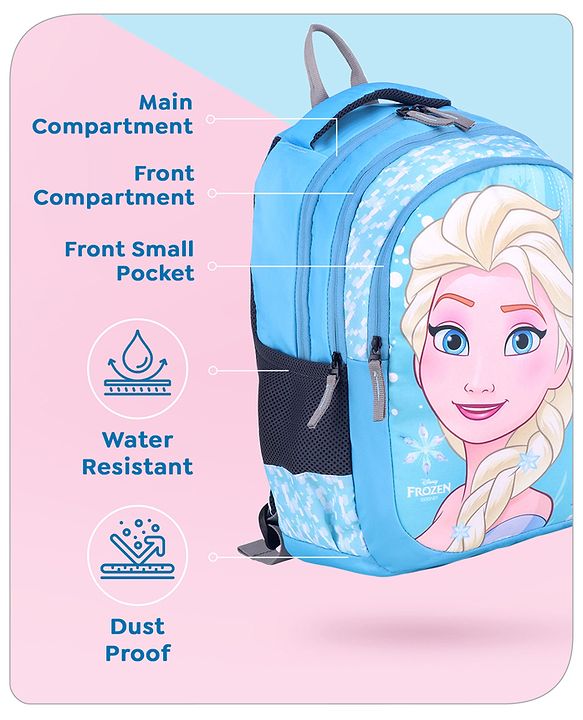 Babyhug Disney Frozen Elsa School Backpack|2 Main Compartments, 1 Front Pocket, 2 side Bottle Pockets|Water Resistant|Long lasting and Durable Zippers | Comfortable back cushioning | For School, Travel and Outdoors|Blue- 15 inches