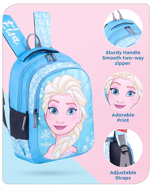 Babyhug Disney Frozen Elsa School Backpack|2 Main Compartments, 1 Front Pocket, 2 side Bottle Pockets|Water Resistant|Long lasting and Durable Zippers | Comfortable back cushioning | For School, Travel and Outdoors|Blue- 15 inches