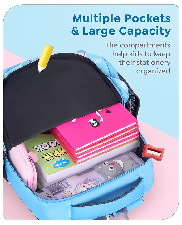 Babyhug Disney Frozen Elsa School Backpack|2 Main Compartments, 1 Front Pocket, 2 side Bottle Pockets|Water Resistant|Long lasting and Durable Zippers | Comfortable back cushioning | For School, Travel and Outdoors|Blue- 15 inches