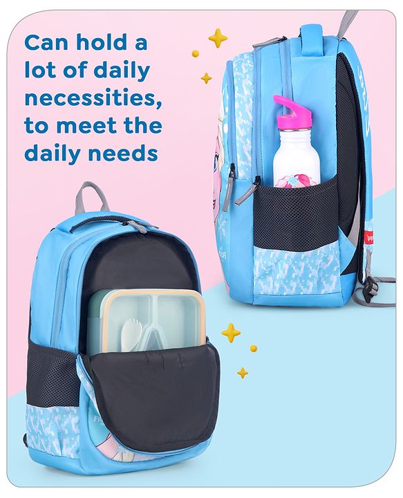 Babyhug Disney Frozen Elsa School Backpack|2 Main Compartments, 1 Front Pocket, 2 side Bottle Pockets|Water Resistant|Long lasting and Durable Zippers | Comfortable back cushioning | For School, Travel and Outdoors|Blue- 15 inches