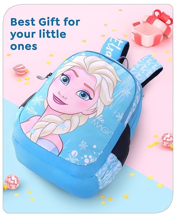 Babyhug Disney Frozen Elsa School Backpack|2 Main Compartments, 1 Front Pocket, 2 side Bottle Pockets|Water Resistant|Long lasting and Durable Zippers | Comfortable back cushioning | For School, Travel and Outdoors|Blue- 15 inches