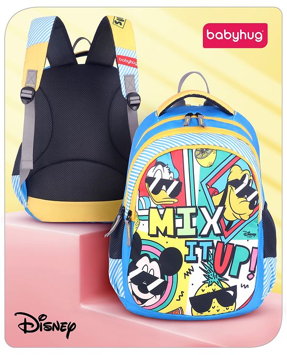 Babyhug Disney Mickey & Friends School Backpack|2 Main Compartments,1 Front Pockets, 2 side Bottle Pockets|Water Resistant|Long lasting and Durable Zippers | Comfortable back cushioning | For School, Travel and Outdoors|Blue- 15 inches