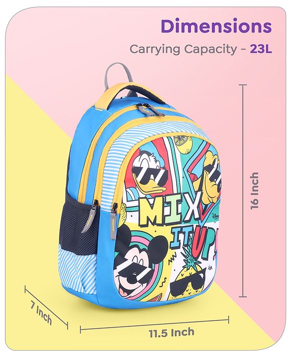 Babyhug Disney Mickey & Friends School Backpack|2 Main Compartments,1 Front Pockets, 2 side Bottle Pockets|Water Resistant|Long lasting and Durable Zippers | Comfortable back cushioning | For School, Travel and Outdoors|Blue- 15 inches