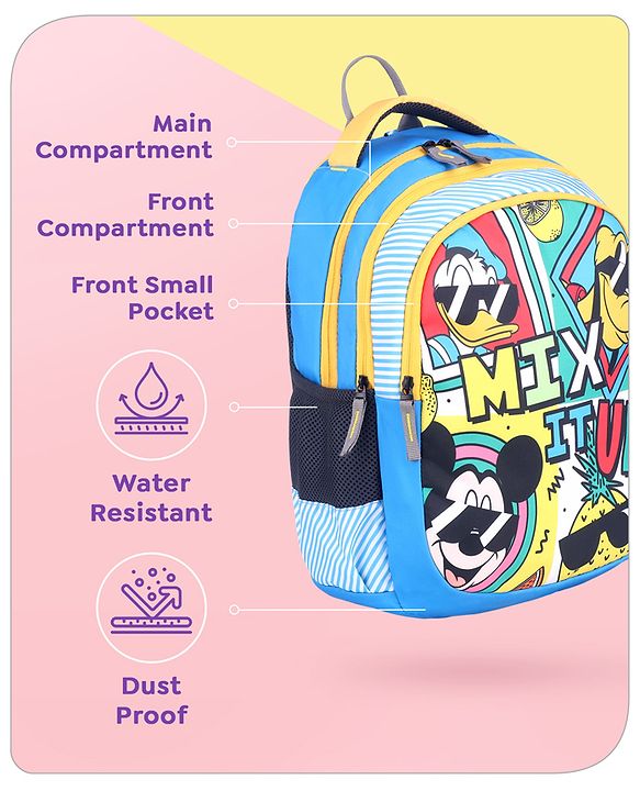 Babyhug Disney Mickey & Friends School Backpack|2 Main Compartments,1 Front Pockets, 2 side Bottle Pockets|Water Resistant|Long lasting and Durable Zippers | Comfortable back cushioning | For School, Travel and Outdoors|Blue- 15 inches