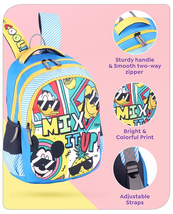 Babyhug Disney Mickey & Friends School Backpack|2 Main Compartments,1 Front Pockets, 2 side Bottle Pockets|Water Resistant|Long lasting and Durable Zippers | Comfortable back cushioning | For School, Travel and Outdoors|Blue- 15 inches