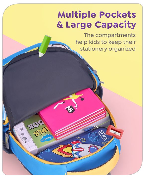 Babyhug Disney Mickey & Friends School Backpack|2 Main Compartments,1 Front Pockets, 2 side Bottle Pockets|Water Resistant|Long lasting and Durable Zippers | Comfortable back cushioning | For School, Travel and Outdoors|Blue- 15 inches