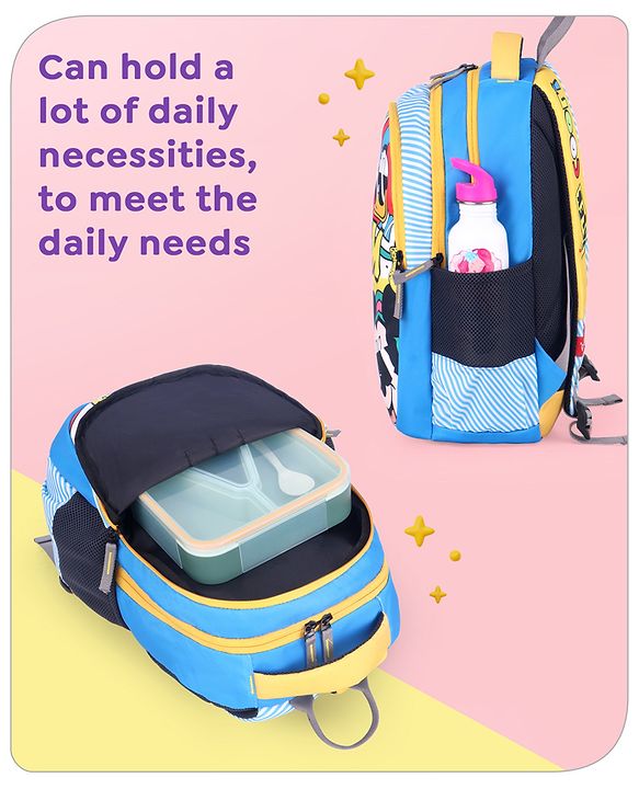 Babyhug Disney Mickey & Friends School Backpack|2 Main Compartments,1 Front Pockets, 2 side Bottle Pockets|Water Resistant|Long lasting and Durable Zippers | Comfortable back cushioning | For School, Travel and Outdoors|Blue- 15 inches