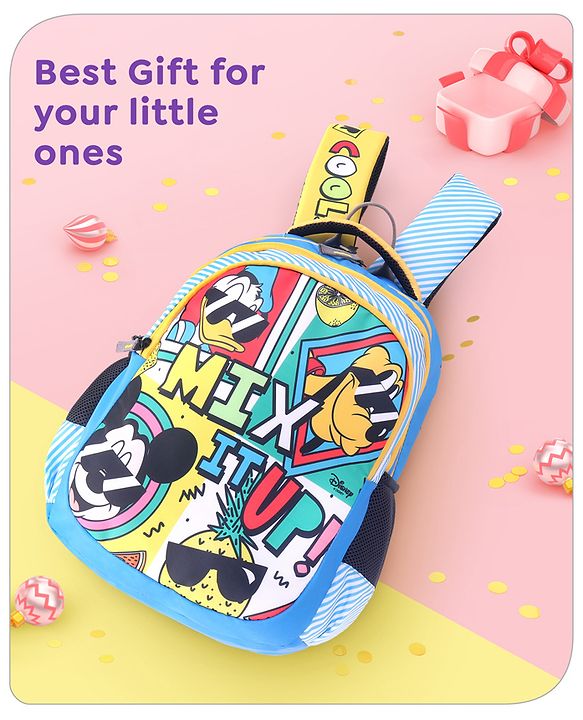 Babyhug Disney Mickey & Friends School Backpack|2 Main Compartments,1 Front Pockets, 2 side Bottle Pockets|Water Resistant|Long lasting and Durable Zippers | Comfortable back cushioning | For School, Travel and Outdoors|Blue- 15 inches