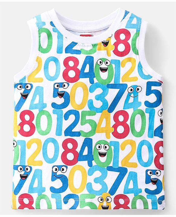 Babyhug Cotton Knit Sleeveless T-Shirt with Numerical Print - White