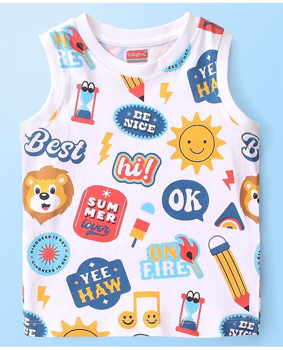 Babyhug Cotton Knit Sleeveless Summer Theme Printed T-Shirt - White