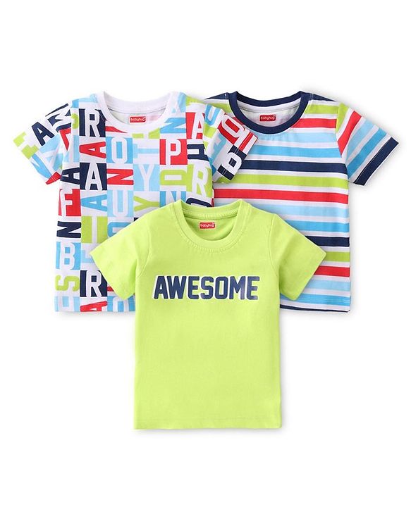 Babyhug Cotton Knit Half Sleeves T-Shirts Striped & Text Graphics Pack of 3 - Multicolour