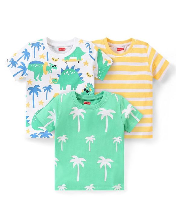 Babyhug Cotton Knit Half Sleeves Dino Printed T-Shirts Pack of 3 - Multicolour