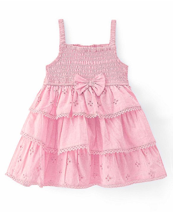 Babyhug Cambric Woven Singlet Sleeves Lace & Bow Detailing Layered Frock - Pink
