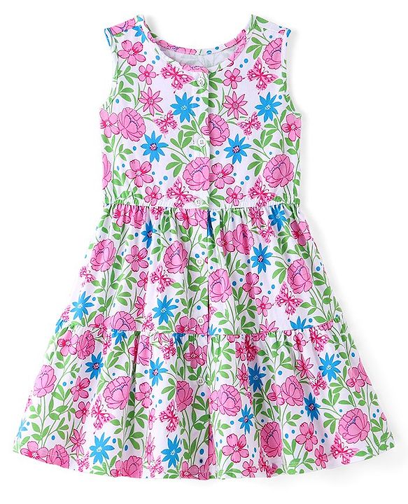 Pine Kids Cotton Sleeveless Shirt Style Frock Floral Print - Snow White