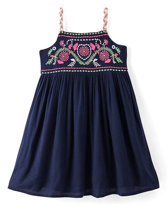 Babyhug Rayon Woven Sleeveless Frock With Floral Embroidery - Navy Blue
