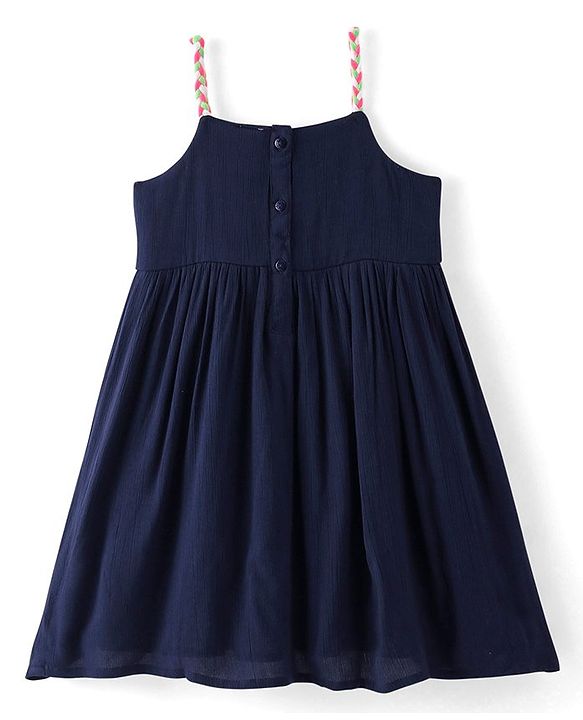 Babyhug Rayon Woven Sleeveless Frock With Floral Embroidery - Navy Blue