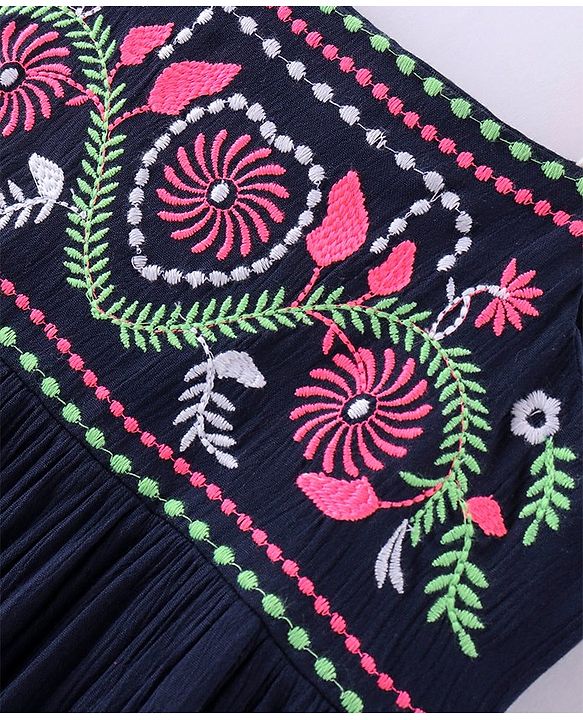 Babyhug Rayon Woven Sleeveless Frock With Floral Embroidery - Navy Blue