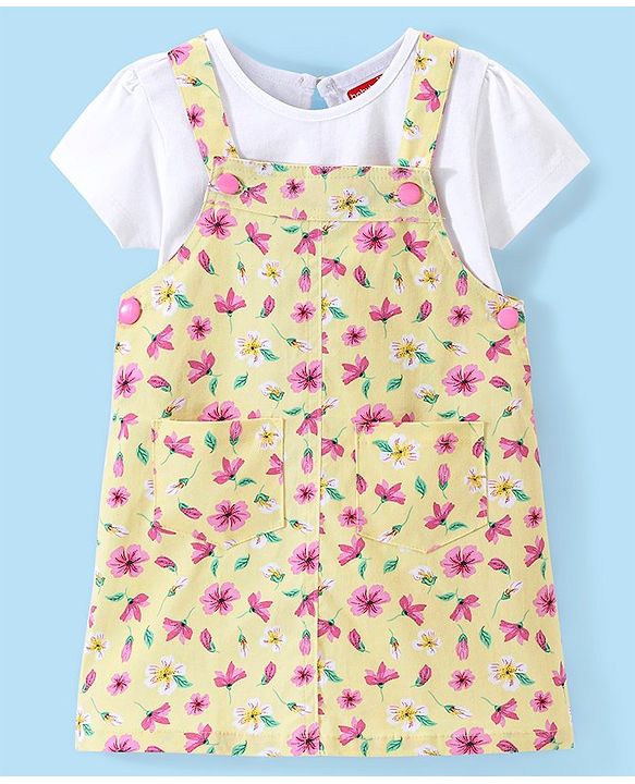 Babyhug 100% Cotton Woven Frock with Inner T-Shirt & Floral Print - Yellow & White