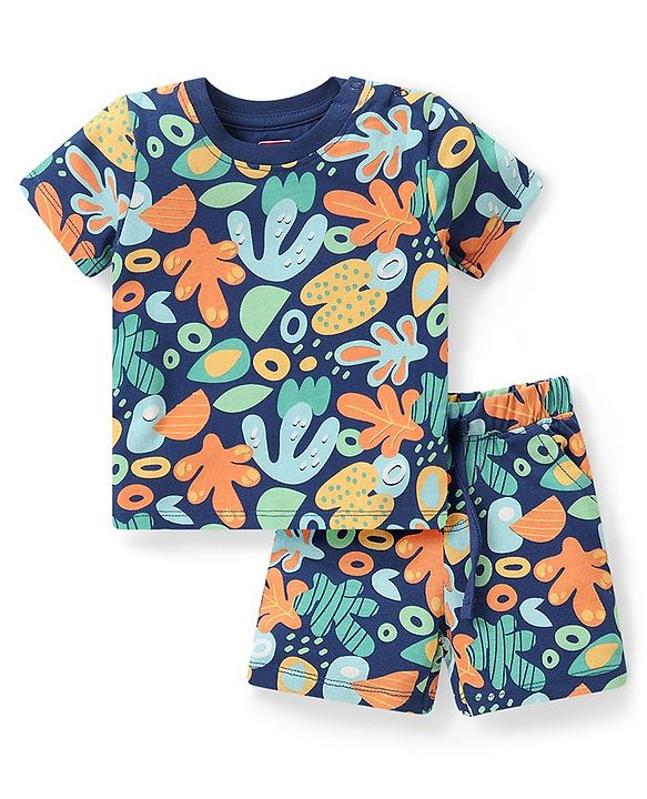 Babyhug Cotton Knit Half Sleeves Sea Life Printed Night Suit - Navy Blue