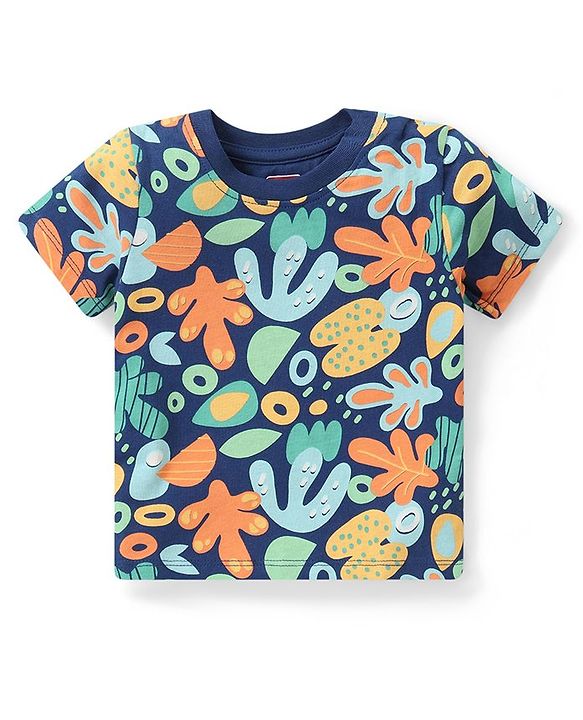 Babyhug Cotton Knit Half Sleeves Sea Life Printed Night Suit - Navy Blue