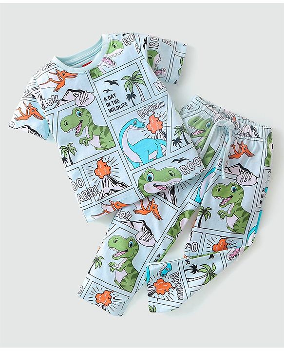 Babyhug Single Jersey Half Sleeves Night Suit Comic Strip Dino Print - Light Blue
