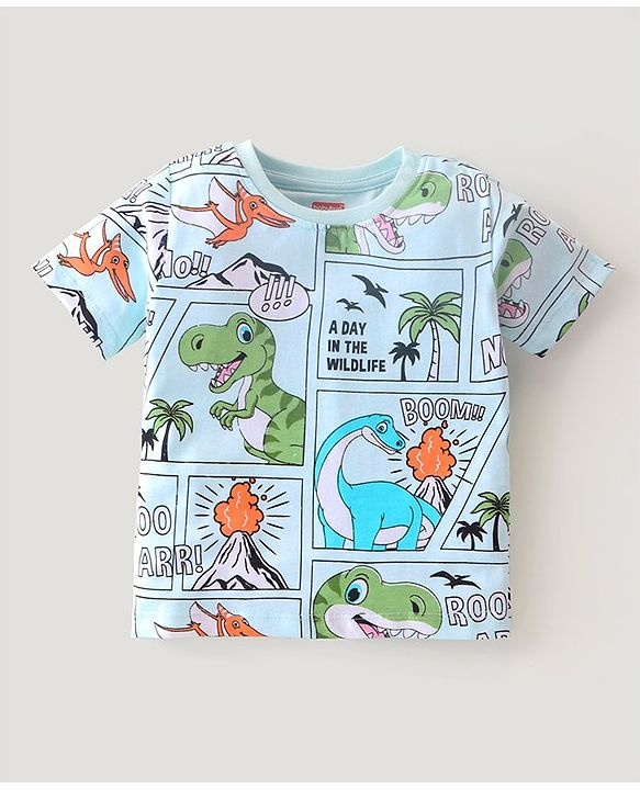 Babyhug Single Jersey Half Sleeves Night Suit Comic Strip Dino Print - Light Blue
