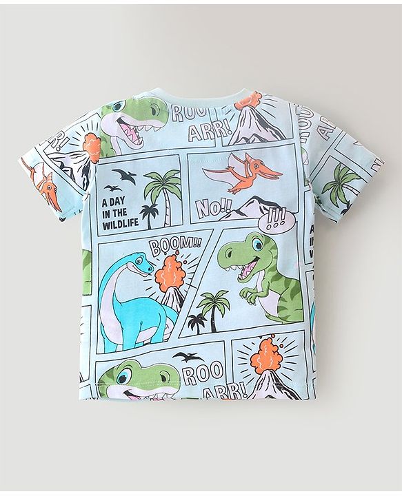Babyhug Single Jersey Half Sleeves Night Suit Comic Strip Dino Print - Light Blue