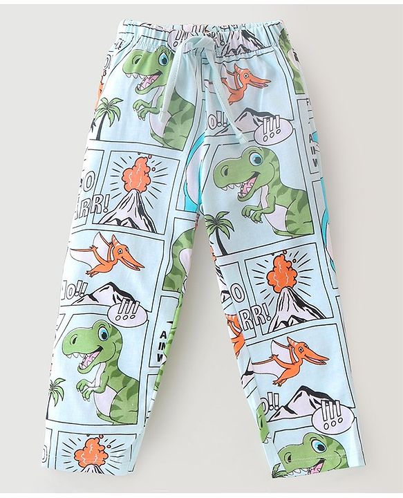 Babyhug Single Jersey Half Sleeves Night Suit Comic Strip Dino Print - Light Blue