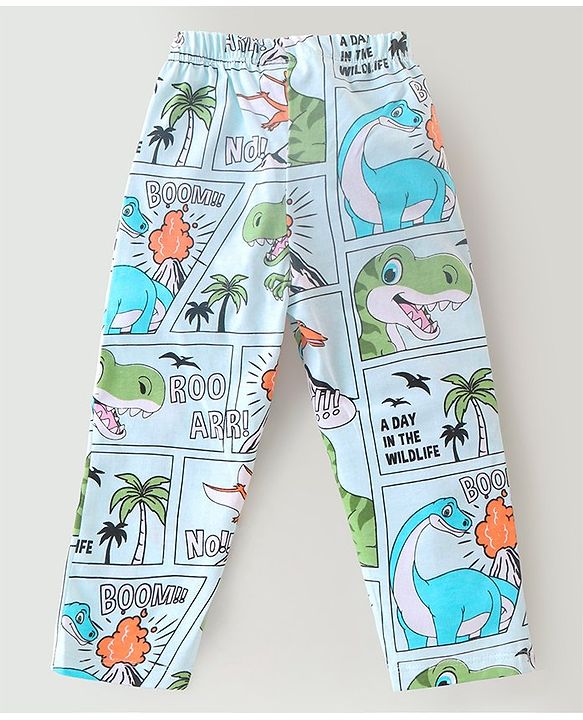 Babyhug Single Jersey Half Sleeves Night Suit Comic Strip Dino Print - Light Blue