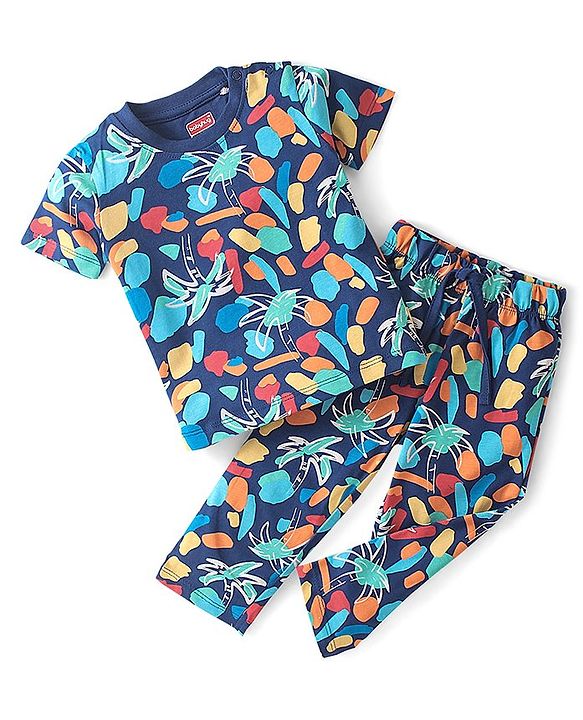 Babyhug Cotton Knit Single Jersey Half Sleeves Night Suit With Tropical Print - Navy Blue