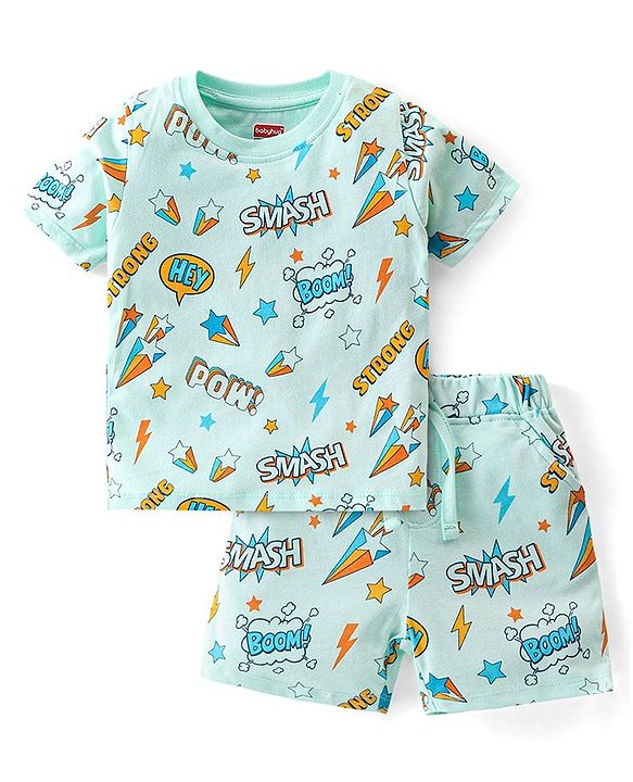 Babyhug Cotton Knit Single Jersey Half Sleeves Night Suit With Text Print - Blue