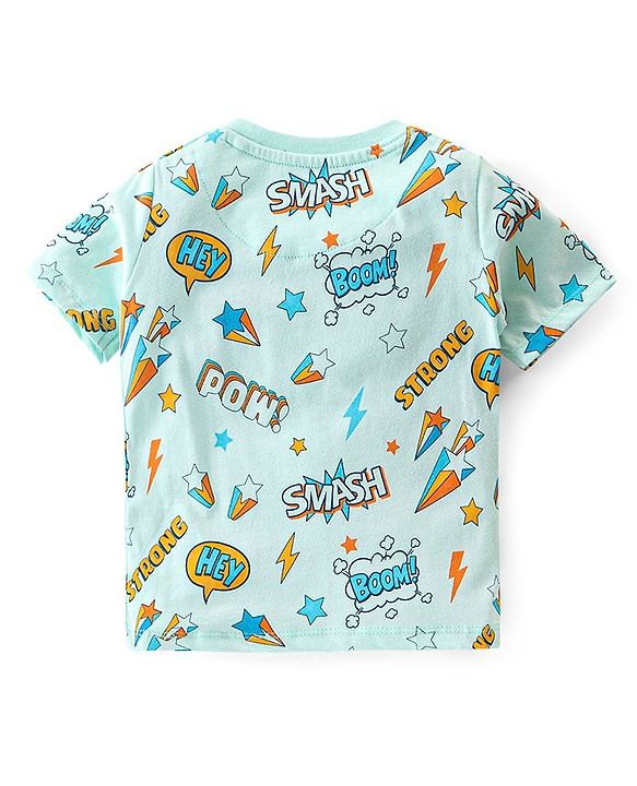 Babyhug Cotton Knit Single Jersey Half Sleeves Night Suit With Text Print - Blue